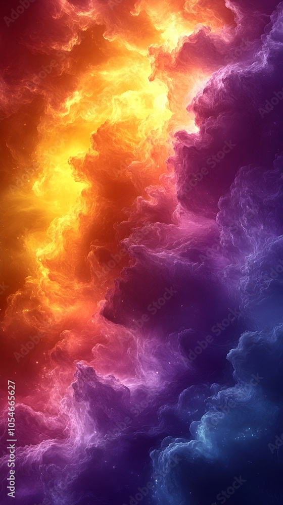 Naklejka premium A mesmerizing abstract composition showcasing vibrant swirls of fiery orange and deep purple hues, evoking a sense of cosmic wonder and celestial beauty.