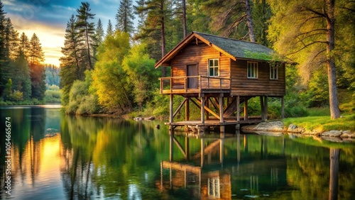 Rustic wooden cabin over river surrounded by nature