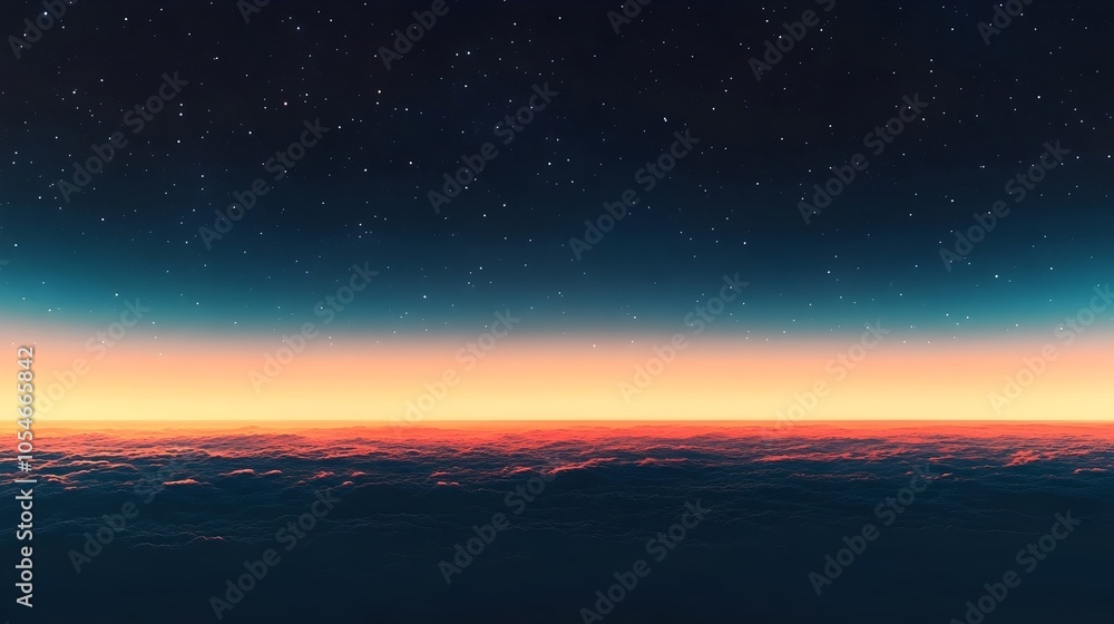 A stunning view of a twilight sky above a sea of clouds, featuring a gradient of deep blue transitioning to warm orange and pink hues, dotted with twinkling stars. A stunning view of a twilight sky above a sea of clouds, featuring a gradient of deep blue transitioning to warm orange and pink hues, dotted with twinkling stars.