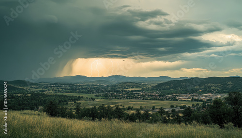 dramatic landscape showcasing thunderstorm with lightning illuminating sky over valley. scene captures power of nature, with dark clouds looming above and serene countryside below