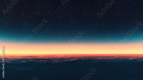 A stunning view of a twilight sky above a sea of clouds, featuring a gradient of deep blue transitioning to warm orange and pink hues, dotted with twinkling stars.