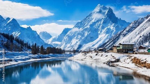 Wallpaper Mural Scenic winter landscape with mountains and a reflective river. Torontodigital.ca