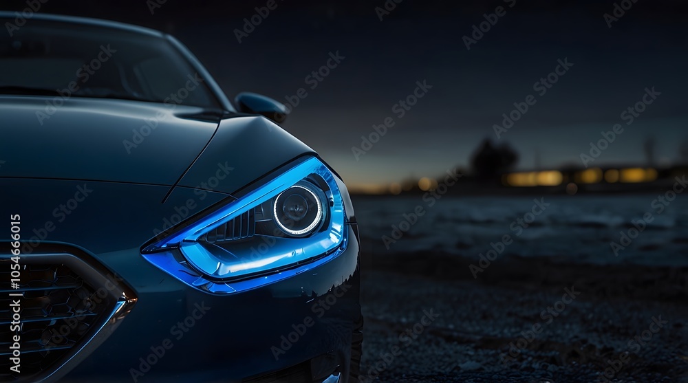 Close-Up of a Modern Sports Car's Illuminated Headlight and Sleek Design in Low-Light Setting . Close-Up of a Modern Sports Car's Illuminated Headlight and Sleek Design in Low-Light Setting .