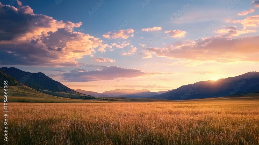 Fototapeta premium A large, open field with a beautiful sunset in the background