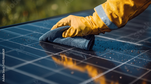 close up of workers hand wiping solar panel with cloth, showcasing importance of maintenance for optimal energy efficiency. bright colors and focused action convey sense of diligence and care photo