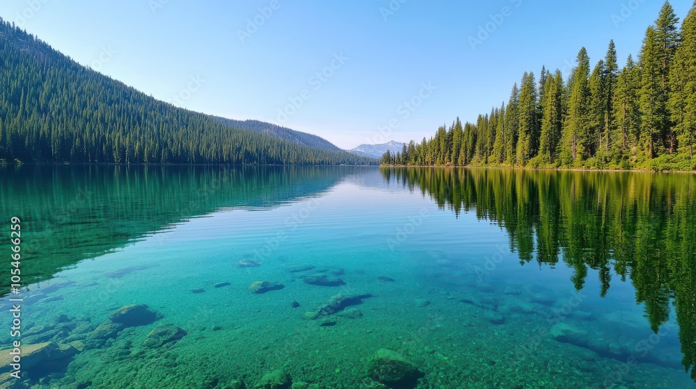 A beautiful lake with a clear blue water and trees in the background A beautiful lake with a clear blue water and trees in the background