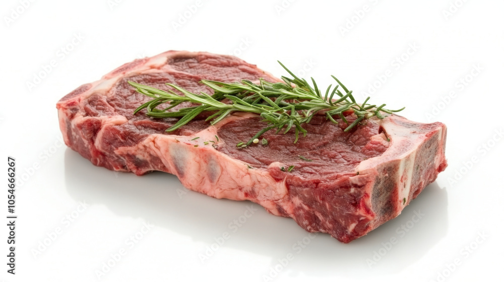 Fresh rib eye steak isolated on white background, garnished with rosemary, showcasing its rich marbling and vibrant color, perfect for culinary delights Fresh rib eye steak isolated on white background, garnished with rosemary, showcasing its rich marbling and vibrant color, perfect for culinary delights