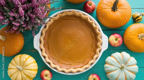 Pumpkin pie surrounded by pumpkins and apples on a vibrant teal background.