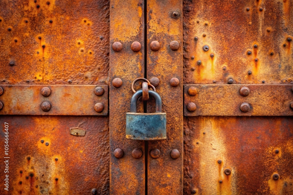 Rusty iron door padlocked shut casting a silhouette