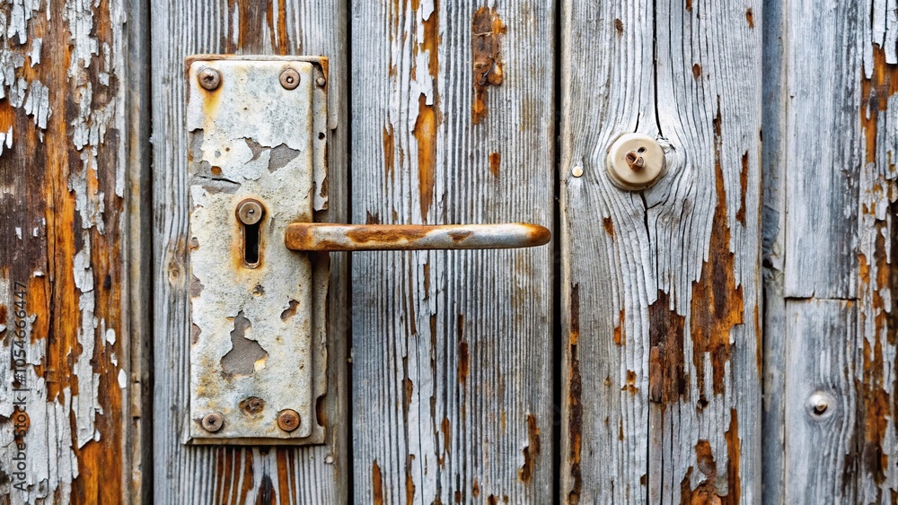 Rusty metal door handle with flaking white paint on grey wooden building Point of View Rusty metal door handle with flaking white paint on grey wooden building Point of View