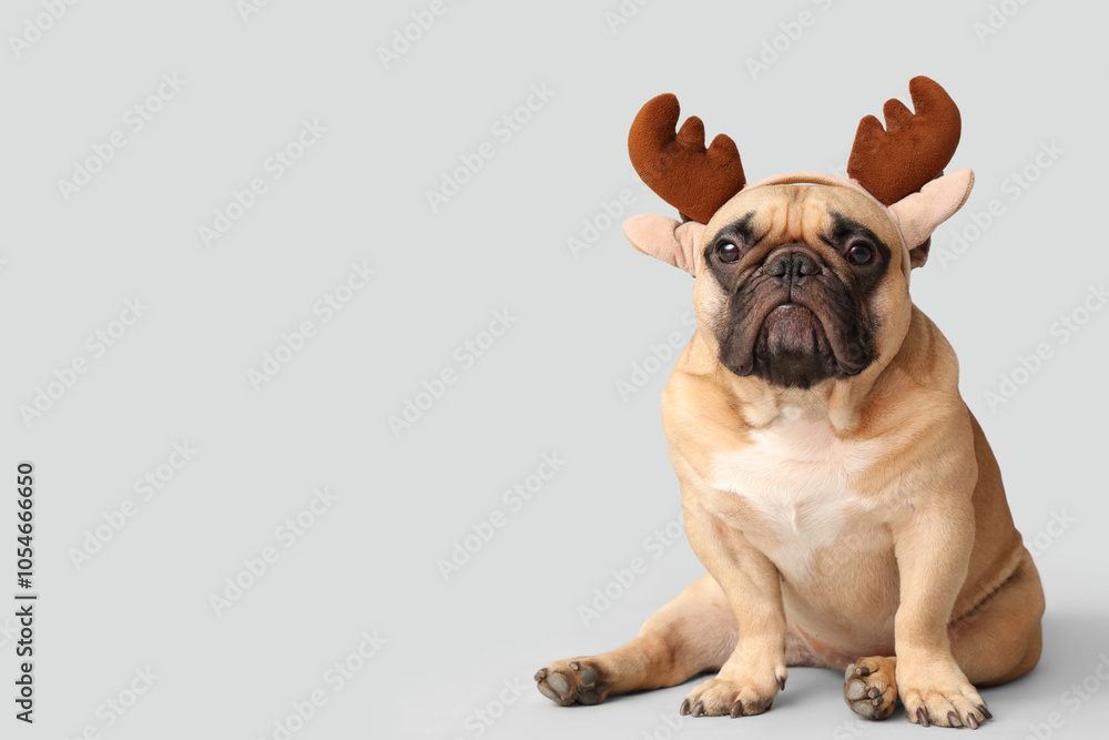 Obraz premium Cute French bulldog in reindeer horns on grey background. Christmas celebration