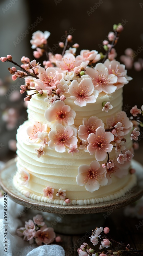 Two-Tiered White Cake Decorated with Delicate Pink Flowers Two-Tiered White Cake Decorated with Delicate Pink Flowers