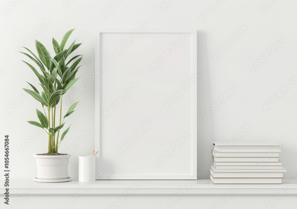 A white framed poster mockup with a potted plant and a stack of books on a white shelf against a white wall A white framed poster mockup with a potted plant and a stack of books on a white shelf against a white wall