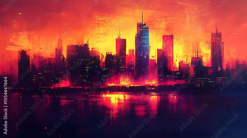 Fototapeta premium Vibrant cityscape at dusk with fiery skyline reflection