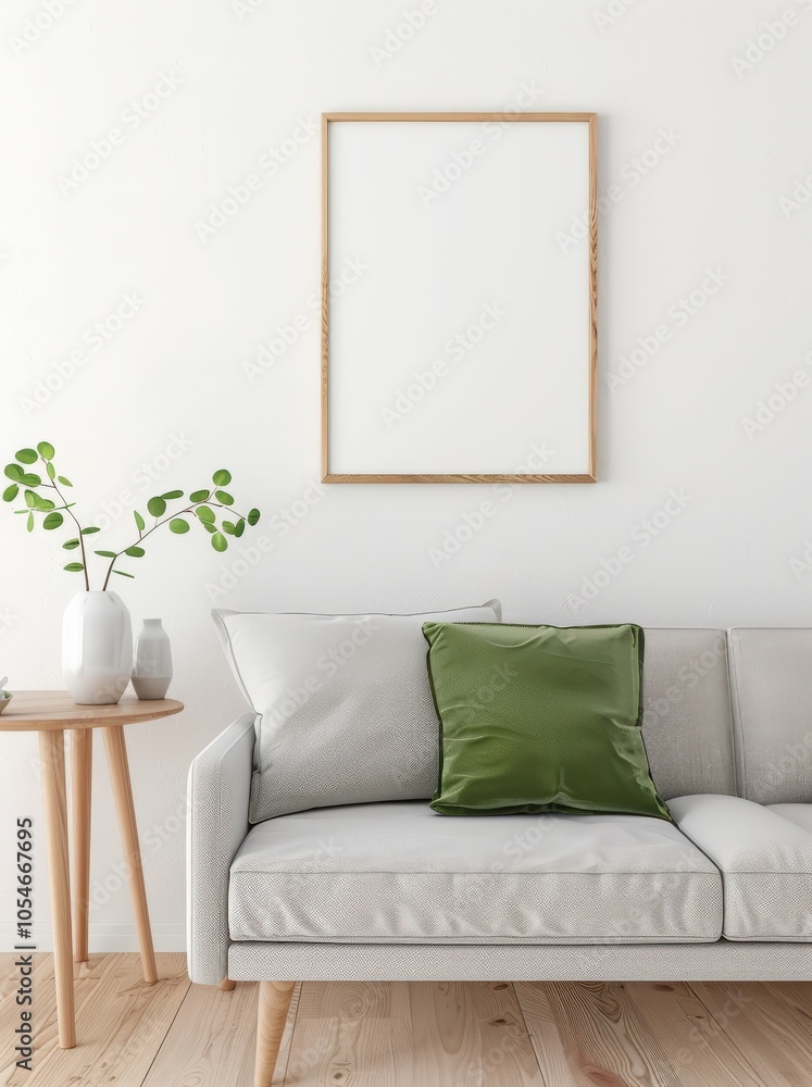 A white sofa with a green velvet cushion. a wooden side table. and a vase of green branches in a minimalistic living room setting There is a blank poster frame on the wall A white sofa with a green velvet cushion. a wooden side table. and a vase of green branches in a minimalistic living room setting There is a blank poster frame on the wall