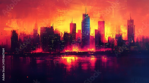 Vibrant cityscape at dusk with fiery skyline reflection