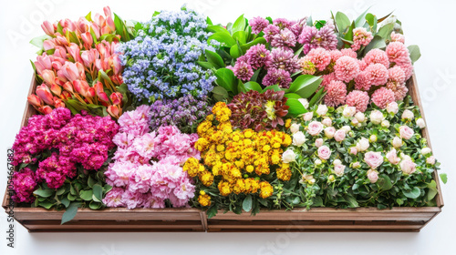 vibrant arrangement of various flowers in wooden crate, showcasing beautiful mix of colors and types, perfect for celebrations or as decorative centerpiece