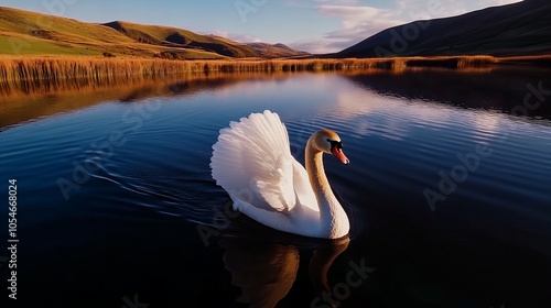 Fototapeta Naklejka Na Ścianę i Meble -  A lone swan glides gracefully across a tranquil lake with a backdrop of rolling hills. The water's surface reflects the sky and creates a serene atmosphere.