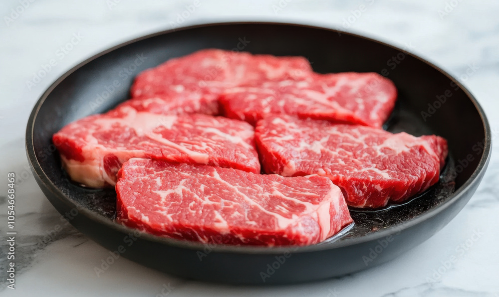 Fresh marbled beef steaks are arranged in skillet, showcasing their rich red color and marbling. Perfect for grilling or searing, these cuts promise delicious meal Fresh marbled beef steaks are arranged in skillet, showcasing their rich red color and marbling. Perfect for grilling or searing, these cuts promise delicious meal