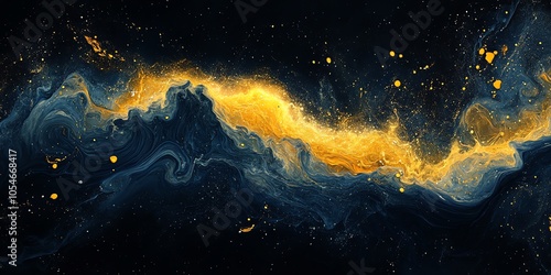 Abstract gold and blue swirls with a dark background resembling space or a galaxy.