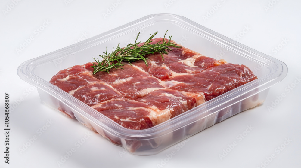 Fresh meat displayed in clear plastic container, garnished with rosemary, showcasing its rich color and texture. Perfect for culinary use and meal preparation Fresh meat displayed in clear plastic container, garnished with rosemary, showcasing its rich color and texture. Perfect for culinary use and meal preparation