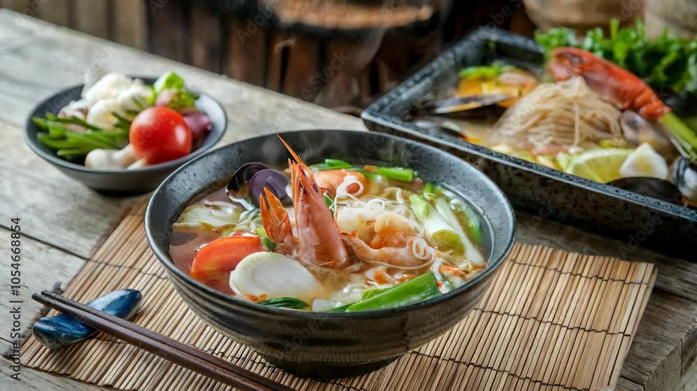 A steaming bowl of seafood noodle soup accompanied by fresh vegetables and garnishes. A steaming bowl of seafood noodle soup accompanied by fresh vegetables and garnishes.