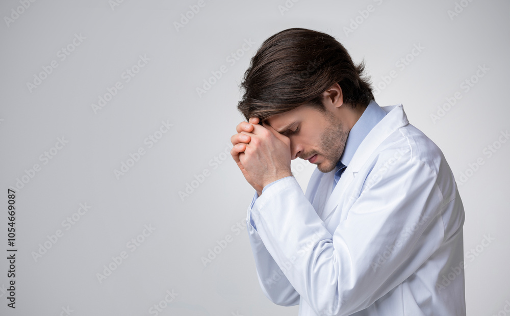 Profile portrait of depressed overworked male doctor holding stethoscope in hands, having headache, desperate and powerless, panorama with free space Profile portrait of depressed overworked male doctor holding stethoscope in hands, having headache, desperate and powerless, panorama with free space