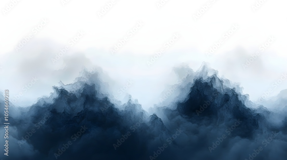 Fototapeta premium An abstract depiction of dark, swirling mountains shrouded in mist, creating a serene and mystical atmosphere. The hues of blue and gray blend seamlessly into the soft white background.
