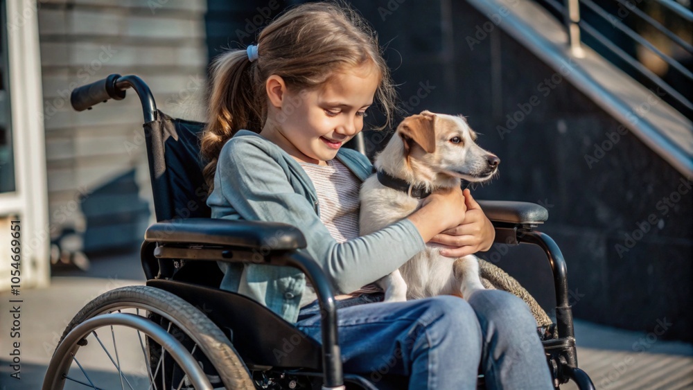 Young girl in a wheelchair enjoying a sunny day with her loyal dog by her side. Her joyful expression and the dog’s attentive presence create a heartwarming scene of friendship, strength, and resilien Young girl in a wheelchair enjoying a sunny day with her loyal dog by her side. Her joyful expression and the dog’s attentive presence create a heartwarming scene of friendship, strength, and resilien