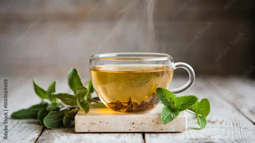 A steaming cup of herbal tea with fresh mint leaves on a wooden surface. A steaming cup of herbal tea with fresh mint leaves on a wooden surface.