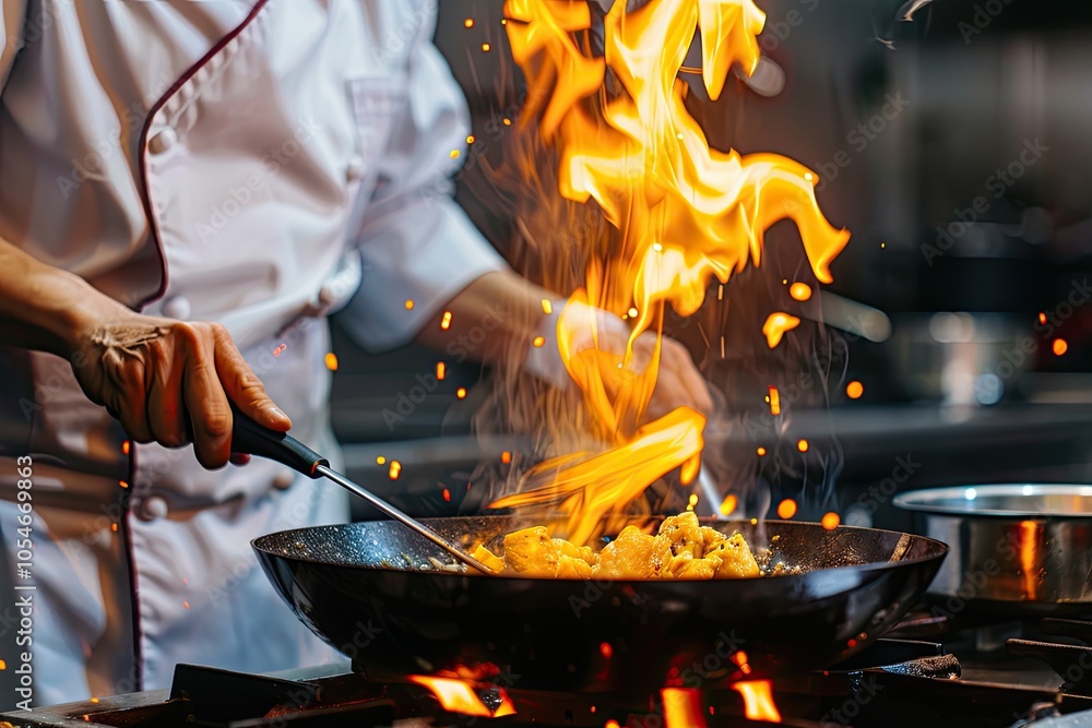 chef cooks with intense flames in a pan, creating a dramatic fiery scene in the kitchen chef cooks with intense flames in a pan, creating a dramatic fiery scene in the kitchen