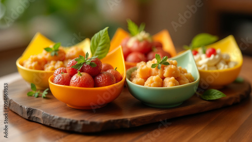 Culinary Presentation: An Artful Arrangement of Four Colorful Food Containers Showcasing Diverse Delights.