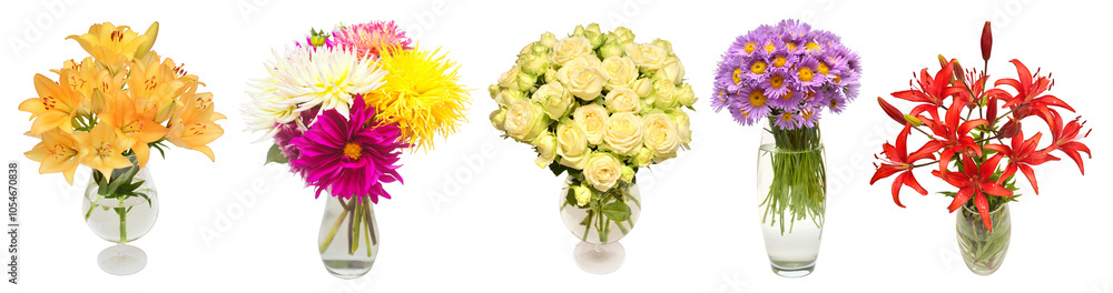 Set flower rose, lily, aster, dahlia bouquet in a vase isolated on white background. Beautiful still life. Spring time. Flat lay, top view Set flower rose, lily, aster, dahlia bouquet in a vase isolated on white background. Beautiful still life. Spring time. Flat lay, top view