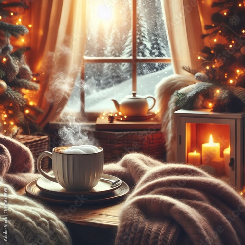 A steaming mug of dark coffee warms a cozy winter morning beside a fireplace adorned with Christmas cheer over window winter view photo