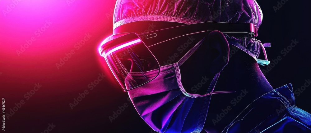 Surgeon in protective gear, colored light backdrop, focused expression. Surgeon in protective gear, colored light backdrop, focused expression.