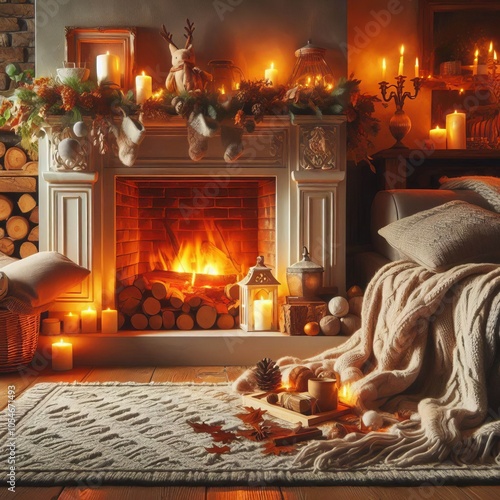 A steaming mug of chocolate warms with cinnamon and Marshmallow a cozy winter morning beside a fireplace adorned with Christmas photo