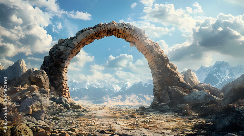 Fototapeta premium Ruined archway in a desolate rocky landscape. Rocky Archway. Illustration