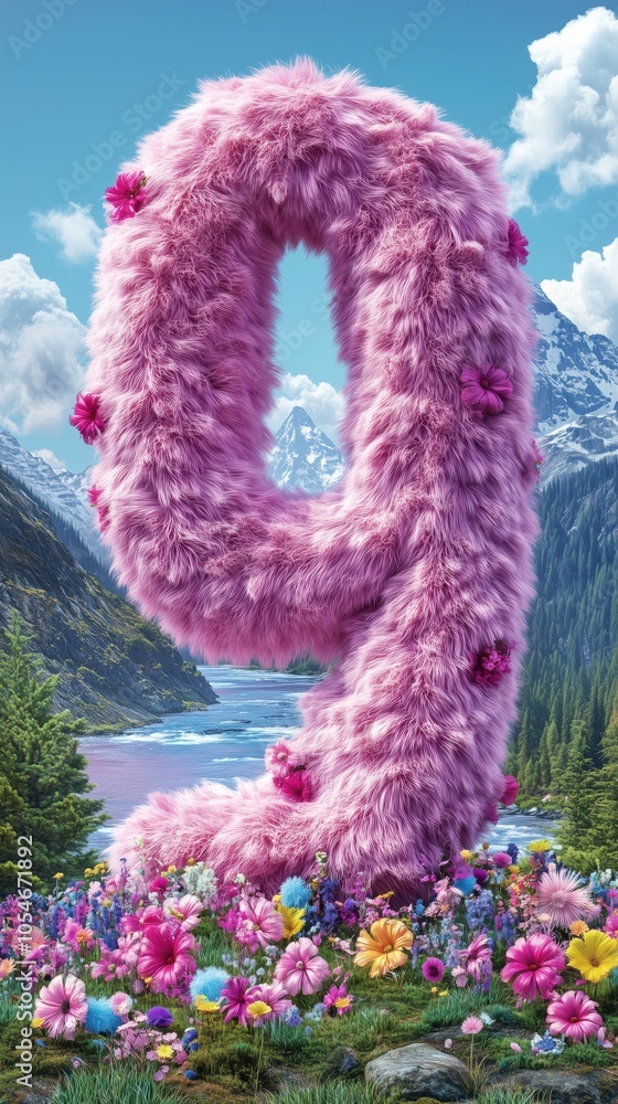 Fototapeta premium Pink furry number 9 in a colorful flower field by a river and mountains