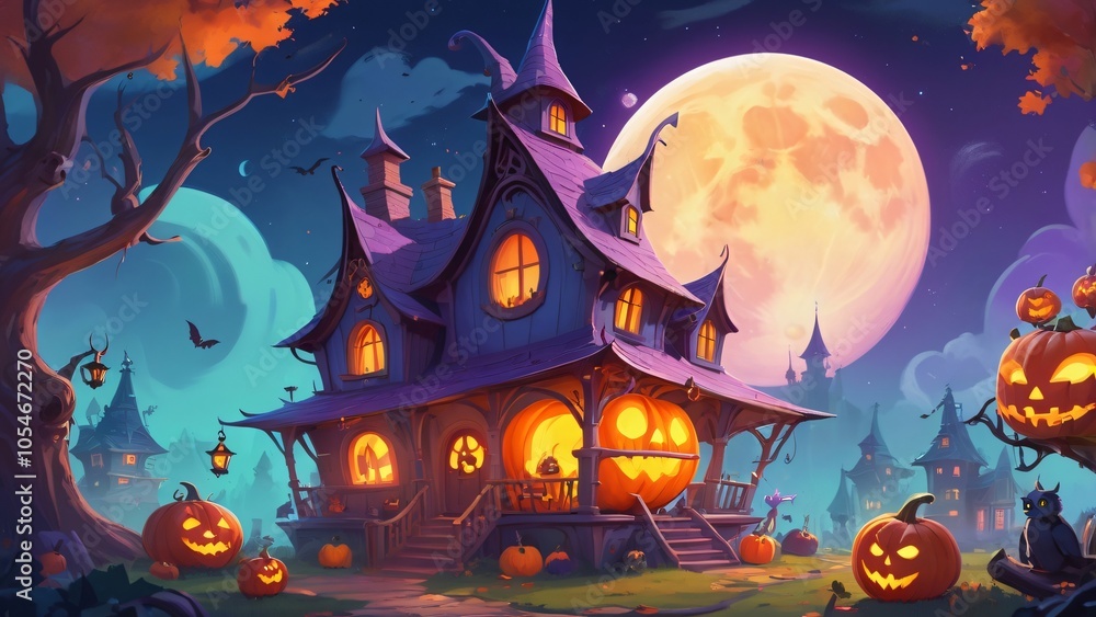 Halloween Haunted House with Jack O Lanterns and Full Moon Halloween Haunted House with Jack O Lanterns and Full Moon