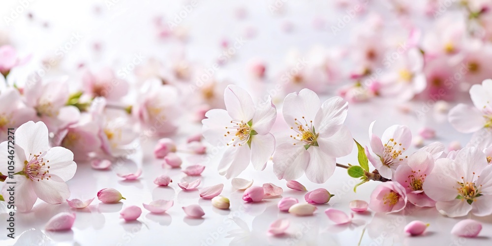 Scattered cherry blossom petals on white background Scattered cherry blossom petals on white background