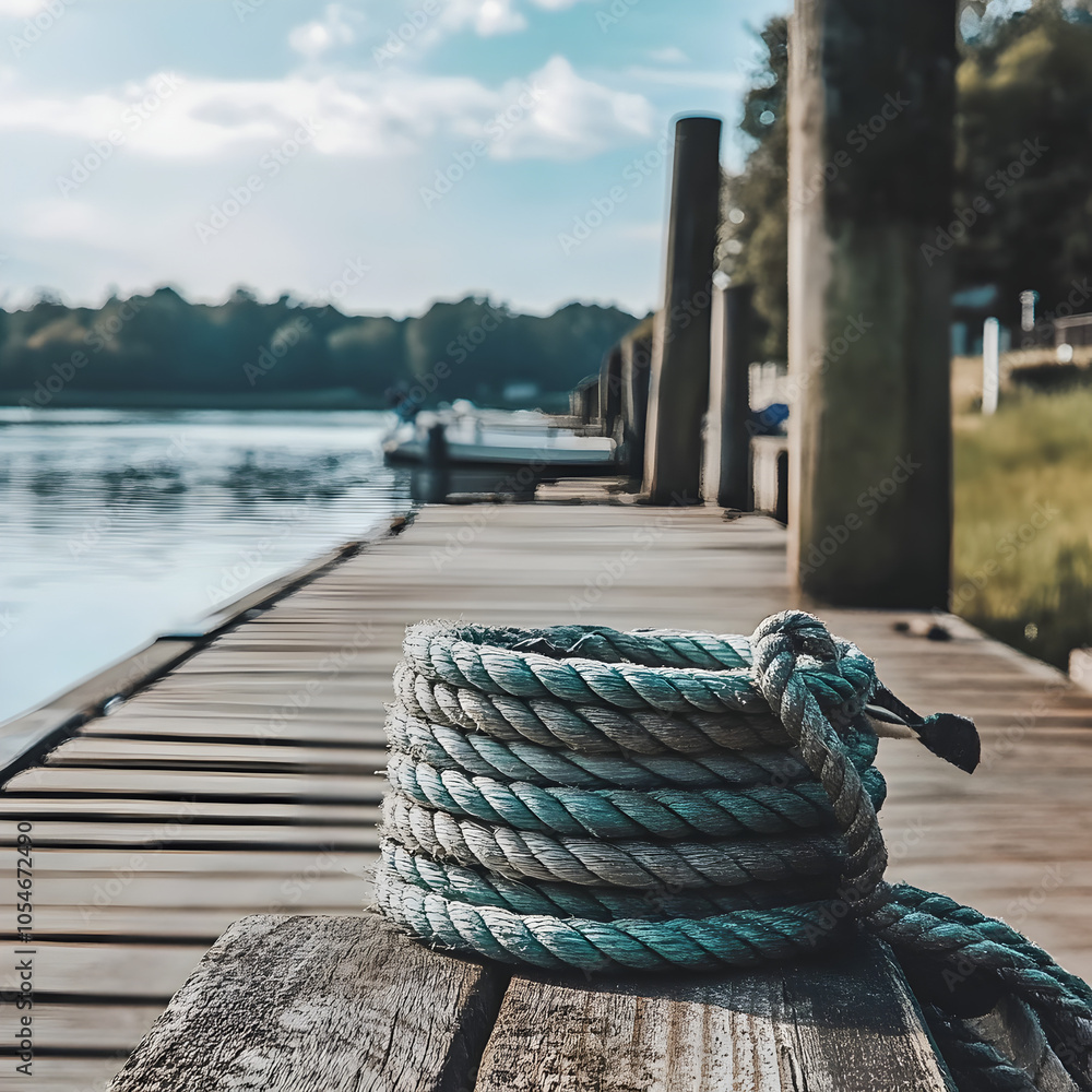 Fototapeta premium Rope coiled on boat dock 