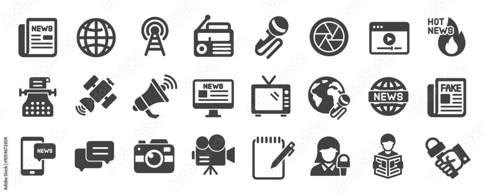 Mass media glyph solid icons collection. Containing press, journalist, news, live, interview. Minimal icon and symbol series vector illustration Mass media glyph solid icons collection. Containing press, journalist, news, live, interview. Minimal icon and symbol series vector illustration