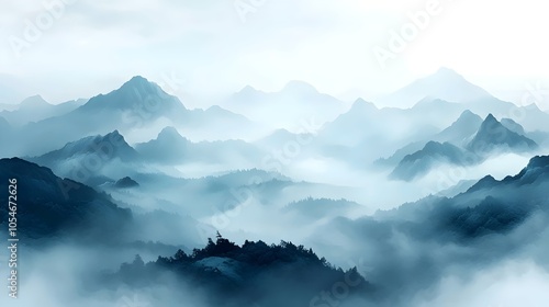 A serene view of misty mountains with soft blue hues, creating a tranquil atmosphere. The layered mountains fade into the distance, enveloped in a gentle fog.