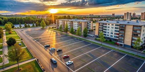 Parking yard on stylobate in a residential complex at summer evening from top view, residential, complex, parking, yard photo