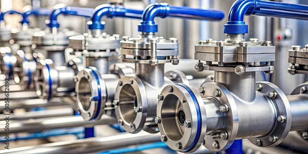 Close up of manual stainless ball valves in pipes at a water supply facility, industrial, equipment, machinery, plumbing