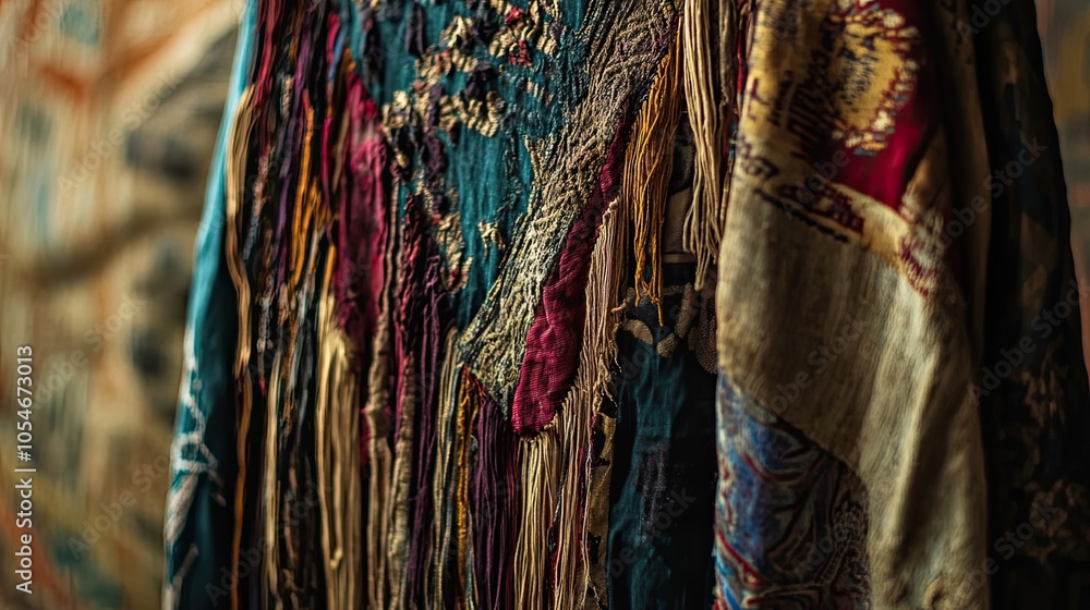 Fototapeta premium Close-up of Multicolored Fabric with Fringes and Patterns
