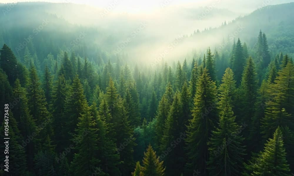 Lush green forest shrouded in mist, creating a serene atmosphere. Lush green forest shrouded in mist, creating a serene atmosphere.