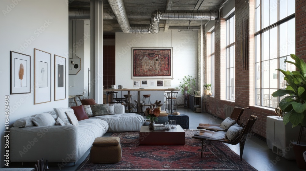 Fototapeta premium A chic urban loft living room with high ceilings, exposed ducts, and a mix of modern