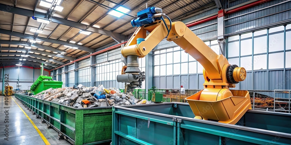 Robot sorting and recycling waste materials in a factory, robot, sorting, recycling, waste, materials Robot sorting and recycling waste materials in a factory, robot, sorting, recycling, waste, materials