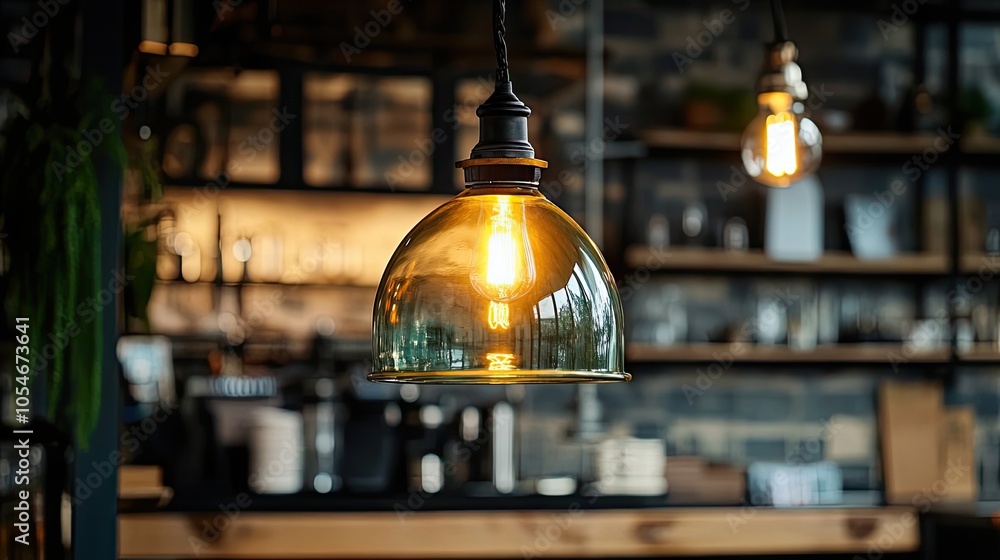 Obraz premium A Hanging Lightbulb with a Glass Shade in a Cafe